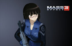  an-bl assault_rifle black_hair blunt_bangs bodysuit brown_eyes chiaki_kurihara commentary_request copyright_name crossover female glasses gun long_hair m-8_avenger mass_effect_(series) mass_effect_3 miniskirt_pirates red-framed_eyewear rifle science_fiction semi-rimless_eyewear solo under-rim_eyewear weapon 