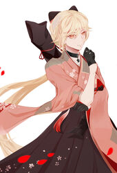  alternate_costume bad_id bad_pixiv_id black_gloves blonde_hair bow braid breasts chinese_commentary chinese_text choker closed_mouth commentary dow_(dow_fighting) elbow_on_arm eyes_visible_through_hair female floating_hair floral_print flower from_side girls&#039;_frontline gloves hair_between_eyes hair_ribbon hairbow hakama hakama_short_skirt hakama_skirt half_gloves hand_up high-waist_skirt highres japanese_clothes long_hair looking_at_viewer medium_breasts meiji_schoolgirl_uniform official_alternate_costume ots-14_(flurry_of_petals)_(girls&#039;_frontline) ots-14_(girls&#039;_frontline) petals photoshop_(medium) ribbon simple_background skirt smile solo string thighhighs very_long_hair weapon_bag white_background wide_sleeves wind wind_lift yellow_eyes 