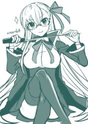  artist_name bad_id bad_pixiv_id bb_(fate) bb_(fate/extra) bespectacled blue_theme commentary_request crossed_legs fate/extra fate/extra_ccc fate_(series) female glasses gloves hair_ribbon holding holding_pointer long_hair long_sleeves looking_at_viewer monochrome pointer ribbon sentaku_nori smile solo sparkle thighhighs very_long_hair white_background 