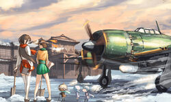  2girls 601_air_group_pilot_(kancolle) :d aircraft airplane akagi_(kancolle) brown_eyes closed_eyes cloud commentary doraxi fairy_(kancolle) highres hip_vent hiryuu_(kancolle) hiryuu_kai_ni_(kancolle) japanese_clothes kantai_collection long_hair miniskirt multiple_girls open_mouth photoshop_(medium) profile propeller scarf shovel skilled_carrier-based_aircraft_maintenance_personnel skirt sky smile snow thighhighs vehicle_focus winter zettai_ryouiki 