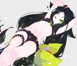  absurdly_long_hair bikini black_bikini female frilled_bikini frills gatchaman_crowds green_eyes green_hair green_ribbons long_hair looking_at_viewer ribbon ribbon-trimmed_bikini solo swimsuit thigh_strap utsutsu very_long_hair wink 