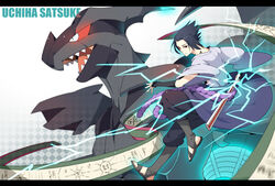  1boy character_name chidori_(naruto) commentary_request crossover curse_seal electricity electrokinesis fighting_stance glowing glowing_eye highres holding holding_sword holding_weapon katana magic male_focus mitsudomoe_(shape) monster naruto naruto_(series) ninja pokemon pokemon_(creature) power_connection ready_to_draw red_eyes scroll sharingan sheath sheathed slit_pupils sword tomoe_(symbol) typo uchiha_sasuke weapon zaver zekrom 