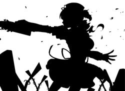  antique_firearm beret commentary_request drill_hair female greyscale gun hair_ornament hat magical_musket mahou_shoujo_madoka_magica mahou_shoujo_madoka_magica_(anime) monochrome multiple_weapons planted_gun silhouette solo tanemaki_shirura tomoe_mami tomoe_mami_(magical_girl) weapon 