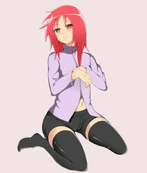  bite_mark black_legwear female karin_(naruto) lm-kir naruto naruto_shippuuden navel no_glasses red_eyes red_hair short_shorts shorts sitting solo thighhighs 