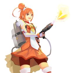  ahoge bike_shorts bike_shorts_under_skirt bridal_gauntlets choker commentary cure_sunny elrowa female fire flamethrower hair_bun highres hino_akane_(smile_precure!) hokuto_no_ken obutsu_wa_shoudoku_da oerba_yun_fang orange_eyes orange_hair orange_skirt orange_theme precure red_choker red_shorts shorts single_hair_bun skirt smile_precure solo thighhighs transparent_background weapon 