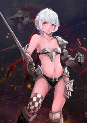  armor bikini_armor breasts brown_eyes commentary_request earrings elrowa female gauntlets greaves jewelry navel original pointy_ears shield short_hair single_thighhigh small_breasts solo sword thighhighs weapon white_hair 