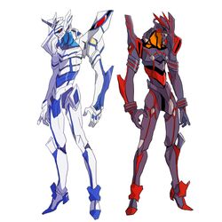  armor arms_at_sides commentary_request creator_connection crossover evangelion_(mecha) eyepatch full_body junketsu kill_la_kill mecha mechanization neon_genesis_evangelion no_humans red_eyes robot science_fiction senketsu simple_background standing uri_(uryu002) white_background 