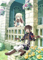  1boy :d abs bad_id bad_pixiv_id blonde_hair blue_eyes boots brown_eyes cape fantasy female flower flower_pot hair_flower hair_ornament index_finger_raised oerba_yun_fang open_mouth original outstretched_arms red_eyes rose sigina sitting smile spread_arms talking veranda yellow_flower yellow_rose 