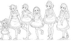  6+girls akinbo_(hyouka_fuyou) aoki_reika apron bad_id bad_pixiv_id candy_(smile_precure!) greyscale hino_akane_(smile_precure!) holding_hands hoshizora_miyuki long_hair looking_at_another looking_down maid maid_headdress midorikawa_nao monochrome multiple_girls open_mouth photoshop_(medium) precure royal_candy short_hair smile smile_precure walking yayoi_kise 