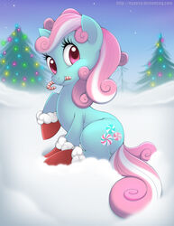  a_very_minty_christmas candy candy_cane christmas christmas_lights dessert detailed_background earth_pony equid equine female feral food fur green_body green_fur hair hasbro holidays horse looking_at_viewer mammal minty_(mlp_g3) mlp_g3 my_little_pony night nyaasu one_leg_up outside pink_eyes pink_hair plant pony pre-g4 raised_leg santa_shoes sitting snow solo star tree 