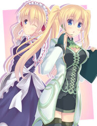  2girls ;) bad_id bad_pixiv_id blonde_hair blue_dress blue_eyes blush bow bridal_gauntlets dress dual_persona headset lizlett_l._chelsie long_hair long_sleeves looking_at_viewer maid maid_headdress multiple_girls omamori_himari one_eye_closed shiwasuzuki smile tareme thighhighs twintails white_bow zettai_ryouiki 