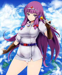  belt breasts circlet cloud commentary_request cosplay day dress druaga_no_tou elbow_gloves female fingerless_gloves gloves ishimiso_(ishimura) jewelry ki_(druaga) ki_(druaga)_(cosplay) large_breasts long_hair microdress outdoors panties patchouli_knowledge pendant photoshop_(medium) purple_eyes purple_hair solo standing touhou underwear wand white_panties 