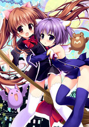  2girls aloe_(quiz_magic_academy) bat_(animal) blue_thighhighs bow bowtie broom brown_eyes brown_hair commentary_request detached_sleeves hair_ribbon halloween hug long_hair looking_at_viewer multiple_girls myu_(quiz_magic_academy) nagayama_yuunon no_panties open_mouth photoshop_(medium) purple_eyes purple_hair quiz_magic_academy red_bow red_bowtie ribbon school_uniform short_hair thighhighs twintails two_side_up very_long_hair white_legwear zettai_ryouiki 