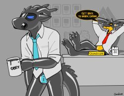  anthro black_latex bottomless bottomless_male clothed clothing container cup dragon dress_shirt drone duo fish hacony hi_res latex latex_body legs_up liquid_latex lock_symbol male marine mug mythological_creature mythological_scalie mythology necktie null null_bulge qundium_(hacony) scalie shark shirt topwear visor_eyes yellow_latex 
