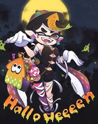  +_+ bandages basket black_hair black_jumpsuit callie_(splatoon) candy earrings fangs female food full_moon gloves halloween hat highres inkling jewelry jumpsuit lollipop mole mole_under_eye moon ofuda okome_2g2g one_eye_closed open_mouth pointy_ears purple_legwear short_jumpsuit solo splatoon_(series) splatoon_1 tentacle_hair tombstone white_gloves 