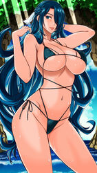  absurdres azuma_fubuki bikini black_hair braid breasts covered_nipples cowboy_shot female hair_over_one_eye hanzaki_jirou highres large_breasts lips long_hair mato_seihei_no_slave mature_female nature navel ocean outdoors parted_lips solo stomach swimsuit thighs water waterfall wet 