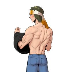  1boy back back_focus bad_id bad_pixiv_id bandana blush denim enjoji_michiru green_eyes green_hair headband idolmaster idolmaster_side-m jeans looking_at_viewer male_focus muscular muscular_male open_mouth pants solo tan topless_male wanggamza white_background 