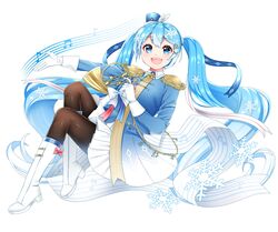  band_uniform beamed_eighth_notes blue_eyes blue_hair blue_jacket boots bow bowtie commentary eighth_note epaulettes female french_horn full_body gloves gradient_hair hair_ornament hairclip hat hat_feather hatsune_miku highres holding holding_instrument instrument jacket knees_up long_hair looking_at_viewer masumofu multicolored_hair musical_note open_mouth outstretched_arm pantyhose pleated_skirt sheet_music skirt smile snowflakes solo staff_(music) tassel twintails very_long_hair vocaloid white_footwear white_gloves white_hat white_skirt yuki_miku yuki_miku_(2020) 