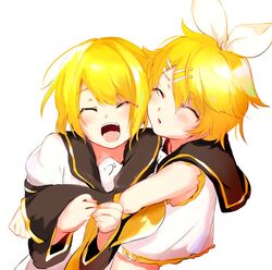  1boy bad_id bad_twitter_id bass_clef black_sailor_collar black_sleeves blonde_hair bow cheek-to-cheek closed_eyes closed_mouth crop_top detached_sleeves female hair_ornament hairclip happy heads_together highres hug kagamine_len kagamine_rin light_blush nail_polish neckerchief necktie open_mouth oyamada_gamata sailor_collar school_uniform shirt short_hair short_sleeves siblings smile twins vocaloid white_bow white_shirt yellow_nails yellow_neckerchief yellow_necktie 