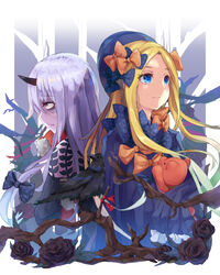  2girls abigail_williams_(fate) bags_under_eyes black_bow black_dress black_flower black_headwear black_rose blonde_hair blue_eyes blush bow dress fate/grand_order fate_(series) flower forehead hairbow highres horns lavinia_whateley_(fate) long_hair long_sleeves multiple_girls multiple_hair_bows mumyuu orange_bow pale_skin parted_bangs polka_dot polka_dot_bow purple_eyes ribbed_dress rose single_horn sleeves_past_fingers sleeves_past_wrists smile stuffed_animal stuffed_toy teddy_bear white_hair wide-eyed 