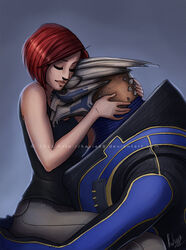  alien bioware bodypaint bottomwear closed_eyes clothing commander_shepard cuddling denim denim_bottomwear denim_clothing duo electronic_arts face_paint female female_shepard garrus_vakarian hand_on_butt hand_on_neck human jeans kasia88 male male/female mammal mass_effect pants romantic romantic_couple shirt tank_top topwear turian 