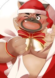  2021 absurd_res anthro belly blush brown_body canid canine canis christmas christmas_clothing christmas_headwear clothing cute_fangs domestic_dog hat headgear headwear hi_res holidays humanoid_hands kemono lifewonders male mammal moobs morosuhe overweight overweight_male santa_claus santa_hat scar solo tokyo_afterschool_summoners yasuyori_(tas) 