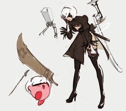  2b_(nier:automata) 2b_(nier:automata)_(cosplay) 2others beastlord_(sword) black_blindfold black_dress black_hairband blindfold blush_stickers boots breasts cleavage cleavage_cutout clothing_cutout commentary copy_ability cosplay covered_eyes crossover dress emmanuel_edeko english_commentary feather-trimmed_sleeves female floating floating_object floating_sword floating_weapon hairband hand_on_own_face height_difference high_heel_boots high_heels huge_weapon juliet_sleeves kirby kirby_(series) leaning_forward lipstick long_legs long_sleeves makeup medium_breasts multiple_others nier:automata nier_(series) pod_(nier:automata) puffy_sleeves short_hair side_slit super_smash_bros. sword sword_behind_back thigh_boots thighhighs thighhighs_under_boots virtuous_treaty weapon white_hair 