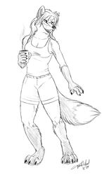  2009 anthro breasts canid canine cleavage clothed clothing conditional_dnp container cup dipstick_tail female fox fur gloves_(marking) hair half-closed_eyes jazmyn jazmyn&#039;s_world leg_markings mammal markings monochrome multicolored_tail narrowed_eyes open_mouth shirt socks_(marking) solo tail tail_markings tani_da_real tank_top topwear 