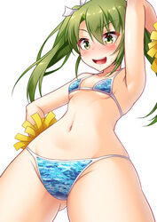  bikini blush female green_eyes green_hair hair_ribbon highres kantai_collection kazami_ren_(fuushagoya) long_hair navel pom_pom_(cheerleading) ribbon simple_background solo sweat swimsuit twintails zuikaku_(kancolle) 