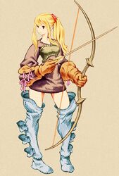  archer_(fft) blonde_hair boots bow_(weapon) closed_mouth dress female final_fantasy final_fantasy_tactics full_body gloves highres long_hair parody ponytail shinichi_kobe simple_background solo style_parody thigh_boots thighhighs weapon yoshida_akihiko_(style) 