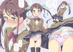  1boy :o accidental_pervert black_thighhighs blue_skirt blush bow brown_hair bulge cardigan closed_eyes crossdressing embarrassed green_eyes green_ribbons homing_(areya) male_focus original otoko_no_ko panties pantyshot pink_panties red_bow ribbon school_uniform skirt speech_bubble thighhighs translation_request twintails underwear v_arms wind wind_lift 