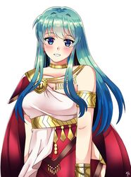  ancient_greek_clothes aqua_hair armlet blue_eyes commentary dancer dancer_(fire_emblem:_three_houses) dress earrings eirika_(fire_emblem) english_commentary female fire_emblem fire_emblem:_the_sacred_stones fire_emblem:_three_houses greco-roman_clothes jewelry long_hair maji_(majibomber) parted_lips simple_background single-shoulder_dress solo upper_body white_background 