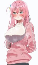  arms_behind_back ashulunlun bad_id bad_twitter_id blush bocchi_the_rock! breasts collarbone cube_hair_ornament female gotoh_hitori hair_ornament highres jacket large_breasts long_hair looking_at_viewer one_side_up pink_hair pink_jacket simple_background solo steam steaming_body sweatdrop track_jacket upper_body very_long_hair white_background 