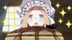  abigail_williams_(fate) abigail_williams_(swimsuit_foreigner)_(fate) abigail_williams_(swimsuit_foreigner)_(third_ascension)_(fate) blonde_hair blue_eyes blush bonnet bow butter fate/grand_order fate_(series) female food forehead hairbow highres iii_(pixiv27971399) long_hair looking_at_viewer open_mouth pancake parted_bangs sidelocks sparkle sparkling_eyes syrup white_bow white_headwear 