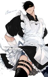  1boy 2022 apron back_bow black_dress black_hair black_thighhighs bow collared_dress commentary cowboy_shot crossdressing dated dress earrings eyes_in_shadow frilled_apron frilled_dress frills gloves highres jewelry k-bone looking_down maid maid_apron male_focus male_maid original puffy_short_sleeves puffy_sleeves short_hair short_sleeves signature skindentation sleeve_cuffs solo symbol-only_commentary thigh_strap thighhighs thighs very_short_hair white_apron white_background white_gloves yellow_eyes 