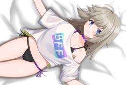  aa-12_(girls&#039;_frontline) aa-12_(smokeless_lollipop)_(girls&#039;_frontline) absurdres bags_under_eyes bed black_bra black_panties blonde_hair blue_eyes blush bra bra_strap breasts choker codename696 collarbone feet_out_of_frame female girls&#039;_frontline highres long_hair looking_at_viewer lying on_back open_mouth panties purple_choker shirt solo underwear white_shirt 