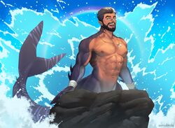  1boy abs artist_name bara beard blue_background blue_eyes blue_sky brown_hair character_request copyright_request derivative_work facial_hair fins gills halo highres jewelry large_pectorals looking_ahead male_focus merman mermay_2023 monster_boy multicolored_hair muscular muscular_male navel necklace nipples open_mouth original outdoors parody pectorals pointy_ears sai_(serialmilq) shark_boy sharp_teeth short_hair sky smile solo splashing streaked_hair teeth the_little_mermaid water white_hair wrist_wrap 