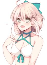  ahoge aqua_bow bare_shoulders bikini bow breasts cleavage collarbone commentary fate/grand_order fate_(series) female front-tie_bikini_top front-tie_top furrowed_brow hair_between_eyes hairbow hand_up medium_breasts misora_deco multi-strapped_bikini okita_j._souji_(fate) okita_j._souji_(third_ascension)_(fate) okita_souji_(fate) open_mouth pink_hair short_hair simple_background solo swimsuit white_background white_bikini white_eyes 