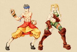  1boy bare_shoulders blonde_hair braid breasts closed_mouth female final_fantasy final_fantasy_tactics full_body gauntlets gloves highres long_hair midriff monk_(fft) navel shinichi_kobe simple_background single_braid yoshida_akihiko_(style) 