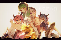  2girls 2others backlighting blue_eyes blue_hair claw_pose collar commentary diamond_(shape) everyone expressionless flower_(vocaloid) flower_(vocaloid4) green_hair hat head_tilt highres holding_hands horns hug kanji_connection karanagare knees_up lens_flare long_hair meika_hime meika_mikoto multicolored_hair multiple_girls multiple_others name_connection open_mouth pink_hair purple_eyes purple_hair red_eyes short_hair sitting skirt smile squatting streaked_hair symbol_in_eye translated vocaloid white_hair white_skirt wide_shot xin_hua xin_hua_(vocaloid4)_(japanese) yellow_skirt 