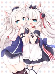  2girls :3 :d absurdres american_flag american_flag_print animal_ear_fluff animal_ears apron arm_belt ass azur_lane bare_shoulders black_bow black_dress black_gloves black_thighhighs blue_eyes blue_shirt blush bow cat_ears cheek-to-cheek choker collarbone commentary_request cowboy_shot dress fake_animal_ears fingerless_gloves flag_print frilled_apron frills gloves green_eyes hair_between_eyes hair_ornament hair_ribbon hairbow hammann_(azur_lane) hammann_(retrofit)_(azur_lane) headband heads_together highres interlocked_fingers kinomiki_nobori long_hair looking_at_viewer multiple_girls oerba_yun_fang open_mouth parted_bangs partial_commentary polka_dot polka_dot_background puffy_short_sleeves puffy_sleeves red_choker ribbon sailor_collar shirt short_sleeves sidelocks sims_(azur_lane) sims_(retrofit)_(azur_lane) skin_fang skindentation skirt sleeveless sleeveless_shirt smile smug standing thighhighs two_side_up waist_apron white_apron white_hair white_sailor_collar white_skirt white_thighhighs wrist_cuffs zettai_ryouiki 