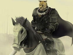  1boy armor barding black_armor black_cape cape clenched_hand furry furry_male gauntlets guin guin_saga holding holding_weapon horse horseback_riding leopard_boy male_focus outdoors reins riding saddle taru_neko weapon white_background yellow_eyes 