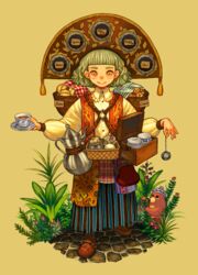  androgynous backpack_basket basket black_tea brown_background brown_footwear brown_headwear coin_purse cookie creamer_(vessel) cup faux_figurine food full_body green_hair highres long_skirt long_sleeves looking_at_viewer orange_eyes original outdoors plant pocket_watch scone short_hair simple_background skirt smile solo standing striped_clothes striped_skirt sumika_inagaki tea teacup teapot watch 