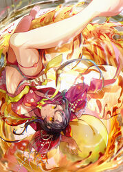  barefoot black_hair blush bow breasts cherry_blossom_print cleavage commentary_request drink female floral_print food foot_out_of_frame frilled_sleeves frills fruit hairbow highres holding holding_food holding_fruit japanese_clothes liquid looking_at_viewer multicolored_hair negimapurinn original oversized_object parted_lips pink_hair sidelocks solo streaked_hair thigh_strap umeshu upside-down yellow_eyes 