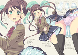  1boy :d ;) blue_skirt blush bow brown_hair bulge camisole cardigan crossdressing finger_to_own_chin green_eyes green_ribbons hand_on_own_elbow homing_(areya) male_focus multiple_views one_eye_closed original otoko_no_ko panties pantyshot petticoat pink_panties ribbon skindentation skirt smile thighhighs translation_request twintails underwear wind wind_lift 