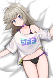  aa-12_(girls&#039;_frontline) aa-12_(smokeless_lollipop)_(girls&#039;_frontline) absurdres bags_under_eyes bed black_bra black_panties blonde_hair blue_eyes blush bra bra_strap breasts choker codename696 collarbone feet_out_of_frame female girls&#039;_frontline highres long_hair looking_at_viewer lying on_back open_mouth panties purple_choker shirt solo underwear white_shirt 