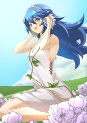  blue_eyes blue_hair blush breasts deekei dress female fire_emblem fire_emblem_awakening flower hair_between_eyes hair_ornament highres long_hair looking_at_viewer lucina_(fire_emblem) open_mouth simple_background smile solo tiara 