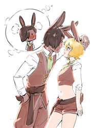  1boy animal_ears arm_up blonde_hair blush breasts brit_(d-rex) brown_shorts brown_vest commentary cowboy_shot crop_top d-rex dark-skinned_male dark_skin embarrassed english_commentary eye_contact female hair_between_eyes hair_over_one_eye hand_in_pocket highres leaning_forward long_sleeves looking_at_another midriff navel original rabbit_boy rabbit_ears rabbit_girl rabbit_ornament rabbit_tail shirt short_hair shorts simple_background small_breasts steam tail vest white_background white_shirt 