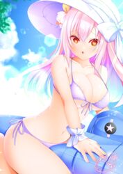  2021 :o absurdres aircraft azur_lane bare_shoulders bikini blue_sky blush breasts brown_eyes cleavage cloud collarbone commentary_request dated day female front-tie_bikini_top front-tie_top furrowed_brow hair_between_eyes halterneck hat hat_ribbon highres inflatable_toy large_breasts lens_flare light_rays long_hair looking_at_viewer midriff navel official_alternate_costume origami_aya outdoors pink_hair purple_bikini quincy_(azur_lane) quincy_(sizzling_summer_brisk_breeze)_(azur_lane) ribbon side-tie_bikini_bottom sidelocks signature sitting sky solo sun_hat sunbeam sunlight swimsuit underboob vought_os2u_kingfisher white_ribbon wrist_cuffs 