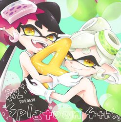  +_+ 2girls anniversary bare_arms bare_shoulders black_dress black_hair black_jumpsuit bow-shaped_hair breasts callie_(splatoon) cousins detached_collar dress earrings fangs flipped_hair food food_on_head gloves gradient_hair half_updo highres hoop_earrings inkling jewelry jumpsuit long_hair looking_at_viewer marie_(splatoon) mole mole_under_eye multicolored_hair multiple_girls object_on_head okome_2g2g open_mouth pantyhose pointy_ears purple_legwear short_dress short_hair short_jumpsuit smile splatoon_(series) splatoon_1 strapless sushi swept_bangs tentacle_hair twintails white_gloves 